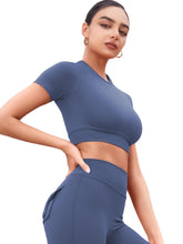 Load image into Gallery viewer, YEOREO Womens Short Sleeve Crop Tops Caliyta Seamless Workout Impact T Shirts Crew Neck Raglan Gym Yoga Tees Slim Fit Blue Gray