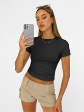 Load image into Gallery viewer, AUTOMET Womens Short Sleeve T Shirts Basic Summer 2025 Workout Tops Crew Neck Gym Crop Tops Trendy Y2K Clothes Black