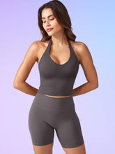 Load image into Gallery viewer, YEOREO Women's Halter Crop Top V Neck Workout Going Out Tank Top Hazel Padded Sleeveless Backless Trendy Summer Camisole Dark Gray