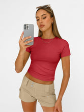 Load image into Gallery viewer, AUTOMET Womens Short Sleeve T Shirts Basic Summer 2025 Workout Tops Crew Neck Gym Crop Tops Trendy Y2K Clothes Red