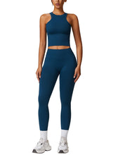 Load image into Gallery viewer, OMEWEE Gym clothes for woman set Racer-back Tank Top and Tummy Control Leggings Yoga sets for women 2 piece Blue
