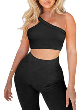Load image into Gallery viewer, Two Piece Workout Sets for Women, Sexy One Shoulder Matching Crop Tank Top Set Outfits for Women(Black)