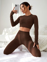 Load image into Gallery viewer, LIGHT DOT Women's Workout Outfits 2 Pieces Yoga Suits Long Sleeve Crop Top High Waist Sport Leggings Active Gym Set (Brown)