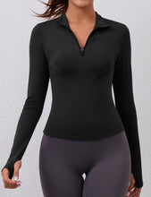 Load image into Gallery viewer, Workout Shirts Women Long Sleeve Yoga Tops Sports Running Shirts Half Zip Pullover Athletic Top Slim Fit Cropped(Black)
