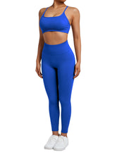 Load image into Gallery viewer, SUUKSESS Women Seamless 2 piece Workout Sets Strappy Padded Sports Bra Booty High Waisted Leggings Outfits (Royal Blue)