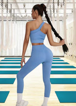 Load image into Gallery viewer, Workout Sets for Women, Two Piece Sexy One Shoulder Matching Crop Tank Top Set,Cut Ribbed Seamless High Waist Shorts (Light Sky Blue)