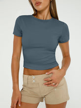 Load image into Gallery viewer, AUTOMET Womens Short Sleeve T Shirts Basic Crew Neck Crop Tops Tight Going Out Y2K Trendy Summer Clothes 2025 Haze Blue S