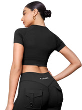 Load image into Gallery viewer, YEOREO Womens Short Sleeve Crop Tops Caliyta Seamless Workout Impact T Shirts Crew Neck Raglan Gym Yoga Tees Slim Fit Black