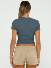 Load image into Gallery viewer, AUTOMET Womens Short Sleeve T Shirts Basic Crew Neck Crop Tops Tight Going Out Y2K Trendy Summer Clothes 2025 Haze Blue S