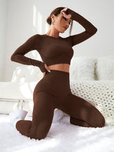 Load image into Gallery viewer, LIGHT DOT Women's Workout Outfits 2 Pieces Yoga Suits Long Sleeve Crop Top High Waist Sport Leggings Active Gym Set (Brown)