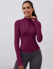 Load image into Gallery viewer, Ropa Deportiva para Mujer Long Sleeve Fall Workout Tops Womens Crop Quarter Half Zip Pullover Athletic Yoga Shirts Running Wear(Wine)