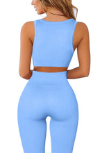 Load image into Gallery viewer, QINSEN Seamless GMY Exercise 2 Piece Leggings Sets Ribbed Stretchy Training Yoga Pants with Sport Bra Active Clothes Sky Blue