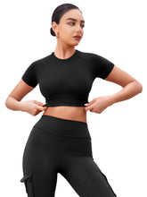 Load image into Gallery viewer, YEOREO Womens Short Sleeve Crop Tops Caliyta Seamless Workout Impact T Shirts Crew Neck Raglan Gym Yoga Tees Slim Fit Black