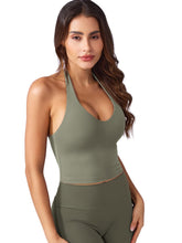 Load image into Gallery viewer, YEOREO Women's Halter Crop Top V Neck Workout Going Out Tank Top Hazel Padded Sleeveless Backless Trendy Summer Camisole Army Green
