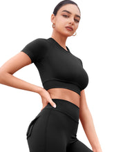 Load image into Gallery viewer, YEOREO Womens Short Sleeve Crop Tops Caliyta Seamless Workout Impact T Shirts Crew Neck Raglan Gym Yoga Tees Slim Fit Black