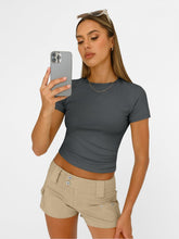 Load image into Gallery viewer, AUTOMET Womens Short Sleeve T Shirts Basic Summer 2025 Workout Tops Crew Neck Gym Crop Tops Trendy Y2K Clothes Gray