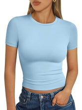 Load image into Gallery viewer, AUTOMET Womens Short Sleeve T Shirts Basic Summer 2025 Workout Tops Crew Neck Gym Crop Tops Trendy Y2K Clothes Baby Blue