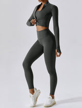 Load image into Gallery viewer, OMEWEE Workout Outfits for Women 3 Piece Long Sleeve Zip Up Cropped Jacket, Sports Bra and Tummy Control Leggings Grey