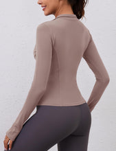 Load image into Gallery viewer, Womens Long Sleeve Workout Crop Tops Quick Dry Golf Shirt Quarter Zip Pullover Yoga Athletic Slim Fit Shirts(Brown Gray)