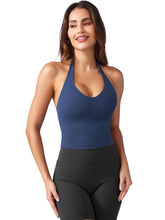 Load image into Gallery viewer, YEOREO Women's Halter Crop Top V Neck Workout Going Out Tank Top Hazel Padded Sleeveless Backless Trendy Summer Camisole Navy