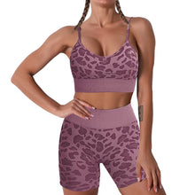 Load image into Gallery viewer, Women Seamless Yoga Set 2 Piece Workout Sport Bra with High Waist Shorts Legging Outfit Tracksuit.JNINTH (Leopard Grape Purple)