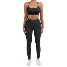 Load image into Gallery viewer, SUUKSESS Women Seamless 2 piece Workout Sets Strappy Padded Sports Bra Booty High Waisted Leggings Outfits (Black)