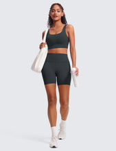 Load image into Gallery viewer, CRZ YOGA Butterluxe Womens U Back Sports Bra - Scoop Neck Padded Low Impact Yoga Clothes Workout Crop Top with Built in Pads Melanite