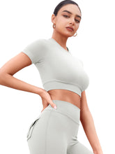 Load image into Gallery viewer, YEOREO Womens Short Sleeve Crop Tops Caliyta Seamless Workout Impact T Shirts Crew Neck Raglan Gym Yoga Tees Slim Fit Feather Rice