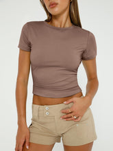 Load image into Gallery viewer, AUTOMET Womens Short Sleeve Basic Going Out T-Shirts Crew Neck Crop Tops Tight Slim Fit Y2K Trendy Summer Clothes 2025 Coffee Grey S