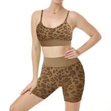 Load image into Gallery viewer, Women Seamless Yoga Set 2 Piece Workout Sport Bra with High Waist Shorts Legging Outfit Tracksuit.JNINTH (Leopard Coffee)