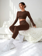 Load image into Gallery viewer, LIGHT DOT Women's Workout Outfits 2 Pieces Yoga Suits Long Sleeve Crop Top High Waist Sport Leggings Active Gym Set (Brown)