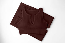 Load image into Gallery viewer, QINSEN Workout Outfits for Women 2 Piece Ribbed Seamless Crop Tank High Waist Yoga Leggings Sets,04 Coffee