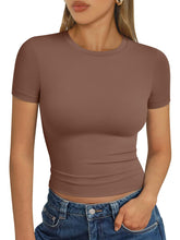 Load image into Gallery viewer, AUTOMET Womens Short Sleeve T Shirts Basic Summer 2025 Workout Tops Crew Neck Gym Crop Tops Trendy Y2K Clothes Coffee