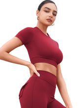 Load image into Gallery viewer, YEOREO Womens Short Sleeve Crop Tops Caliyta Seamless Workout Impact T Shirts Crew Neck Raglan Gym Yoga Tees Slim Fit Scarlett Red