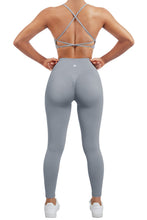 Load image into Gallery viewer, SUUKSESS Women Seamless 2 piece Workout Sets Strappy Padded Sports Bra Booty High Waisted Leggings Outfits (Grey Blue)