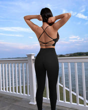 Load image into Gallery viewer, RXRXCOCO Ribbed Workout Sets for Women 2 Piece Backless Strappy Sports Bra Seamless Leggings Matching Set Yoga Outfits Black