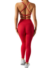 Load image into Gallery viewer, RXRXCOCO Ribbed Workout Sets for Women 2 Piece Backless Strappy Sports Bra Seamless Leggings Matching Set Yoga Outfits Red