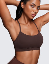 Load image into Gallery viewer, CRZ YOGA Butterluxe Womens Y Back Sports Bra - Padded Racerback Low Impact Spaghetti Thin Strap Workout Yoga Top Hot Fudge Brown