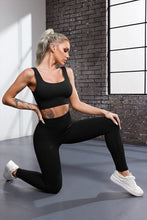 Load image into Gallery viewer, QINSEN Yoga Outfits for Women 2 Piece Set,Ribbed Stretchy Padded Crop Tops GMY Fitted Leggings Black