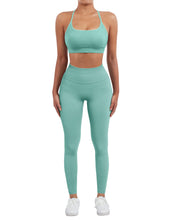 Load image into Gallery viewer, SUUKSESS Women Seamless 2 piece Workout Sets Strappy Padded Sports Bra Booty High Waisted Leggings Outfits (Light Green)