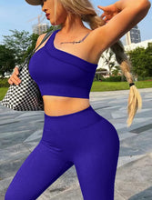Load image into Gallery viewer, 2 Pieces Workout Sets for Women One Shoulder Ribbed Sport Bra Seamless High Waist Leggings GMY Exercise Outfits (Klein Blue)