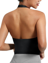 Load image into Gallery viewer, YEOREO Women's Halter Crop Top V Neck Workout Going Out Tank Top Hazel Padded Sleeveless Backless Trendy Summer Camisole Black