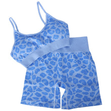 Load image into Gallery viewer, Women Seamless Yoga Set 2 Piece Workout Sport Bra with High Waist Shorts Legging Outfit Tracksuit.JNINTH (Leopard Blue)