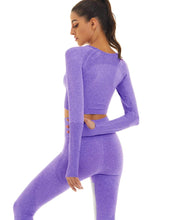 Load image into Gallery viewer, Toplook Women Seamless Workout Outfits Athletic Set Leggings + Long Sleeve Top 2 Pieces(Purple)