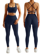 Load image into Gallery viewer, RXRXCOCO Ribbed Workout Sets for Women 2 Piece Backless Strappy Sports Bra Seamless Leggings Matching Set Yoga Outfits Navy