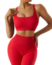 Load image into Gallery viewer, RXRXCOCO Ribbed Workout Sets for Women 2 Piece Backless Strappy Sports Bra Seamless Leggings Matching Set Yoga Outfits Red