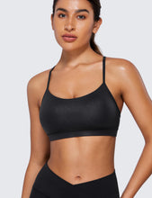 Load image into Gallery viewer, CRZ YOGA Butterluxe Womens Y Back Sports Bra - Padded Racerback Low Impact Spaghetti Thin Strap Workout Yoga Top Faux Leather Black