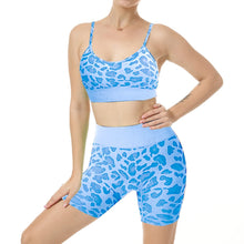 Load image into Gallery viewer, Women Seamless Yoga Set 2 Piece Workout Sport Bra with High Waist Shorts Legging Outfit Tracksuit.JNINTH (Leopard Blue)