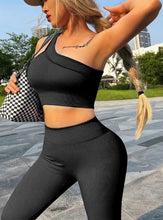 Load image into Gallery viewer, Two Piece Workout Sets for Women, Sexy One Shoulder Matching Crop Tank Top Set Outfits for Women(Black)