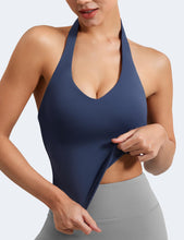 Load image into Gallery viewer, YEOREO Women's Halter Crop Top V Neck Workout Going Out Tank Top Hazel Padded Sleeveless Backless Trendy Summer Camisole Navy
